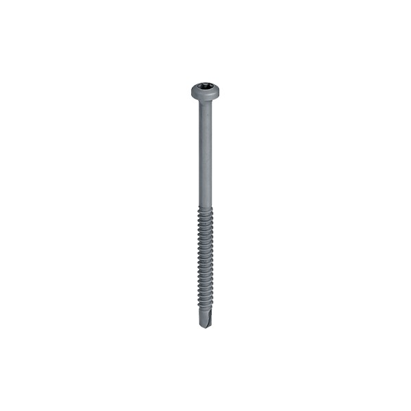 A steel self-drilling screw with a sharp drill-point tip and spiral threads along the shaft, suitable for fixing into steel framing.