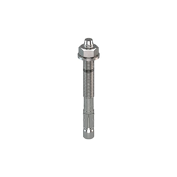 A metal through bolt anchor with a hex nut and washer, featuring a threaded shaft and expansion sleeve, designed for securing heavy loads to concrete or masonry surfaces.