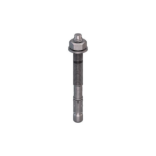 A metal through bolt anchor with a hex nut and washer, featuring a threaded shaft and expansion sleeve, designed for securing heavy loads to concrete or masonry surfaces.