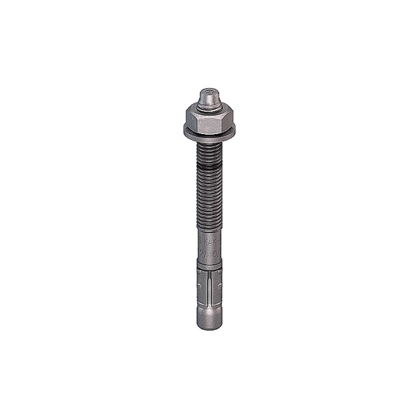 A metal through bolt anchor with a hex nut and washer, featuring a threaded shaft and expansion sleeve, designed for securing heavy loads to concrete or masonry surfaces.