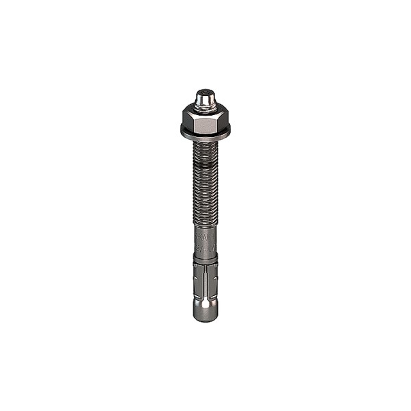 A metal through bolt anchor with a hex nut and washer, featuring a threaded shaft and expansion sleeve, designed for securing heavy loads to concrete or masonry surfaces.