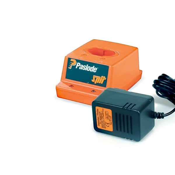 An orange and black Paslode battery charger compatible with the slide-pack lithium-ion batteries, with charge indicator LEDs.