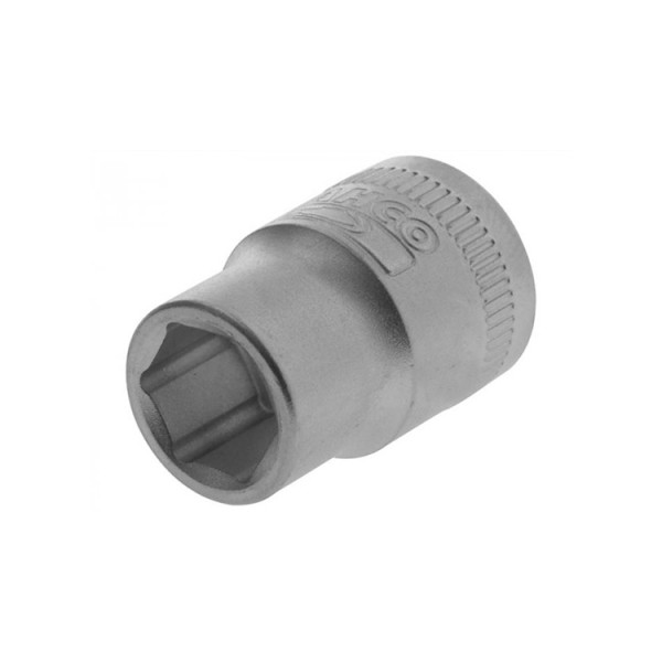 A close-up of a single metallic socket wrench head with a hexagonal opening, placed on a white background.