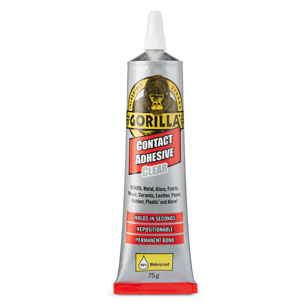A 75g tin of Gorilla contact adhesive for bonding laminates, rubber, leather, and similar materials.