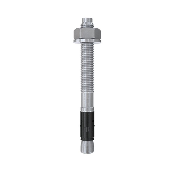 A metal anchor bolt with a hex nut and washer on top, a threaded shaft, and a black expansion sleeve near the bottom, displayed against a white background.