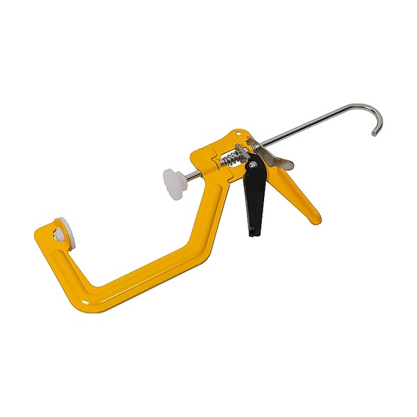 A yellow and black tool with a hook, trigger handle, and two white circular pads, designed for gripping or holding objects firmly in place.
