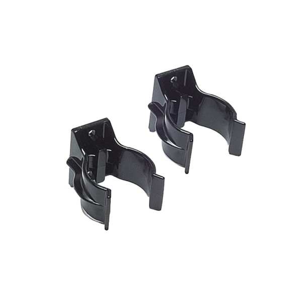 Two black plastic wall-mounted broom or mop holders with circular clips, designed to securely hold handles in place. The holders have a sleek, curved design and are positioned against a white background.