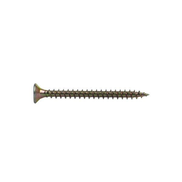 A steel countersunk head screw with a threaded shaft and sharp point, for general-purpose fastening applications.