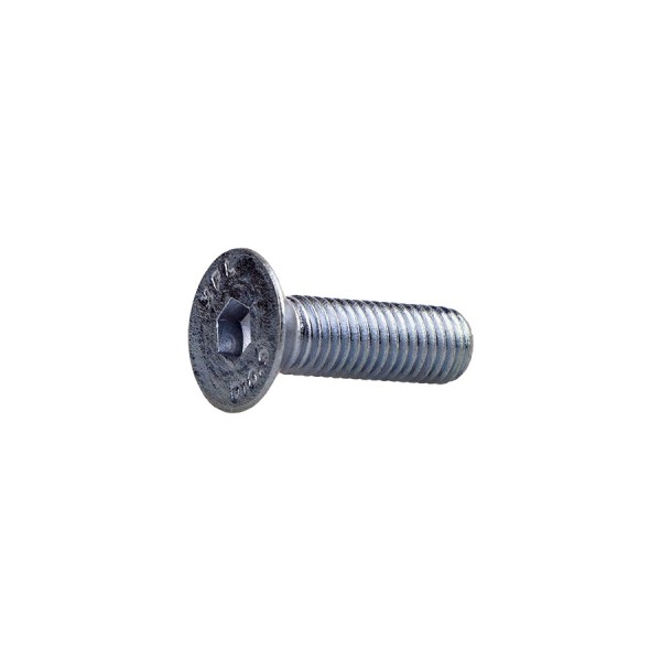 A bright zinc plated M12 countersunk head screw with a threaded shaft and sharp point, for general-purpose fastening applications.