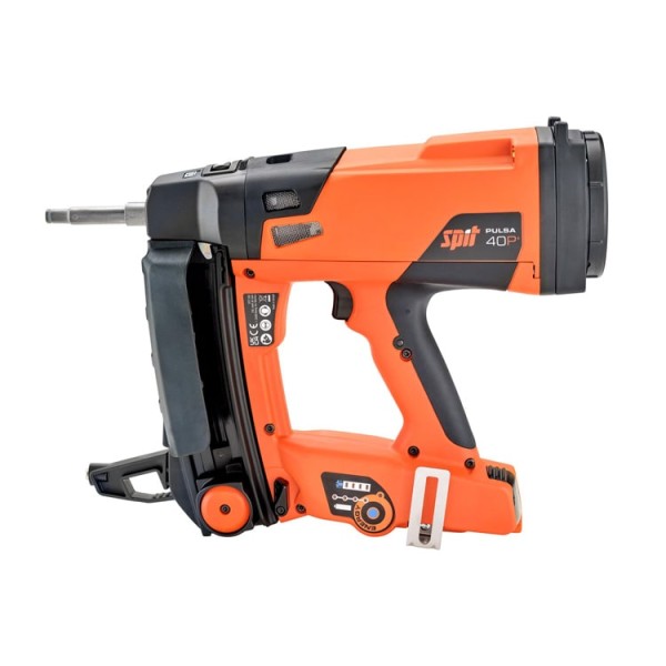 An orange and black cordless nail gun with a comfortable grip, labeled Spit Pulsa 40P+, featuring control buttons and a metallic magazine for holding nails.