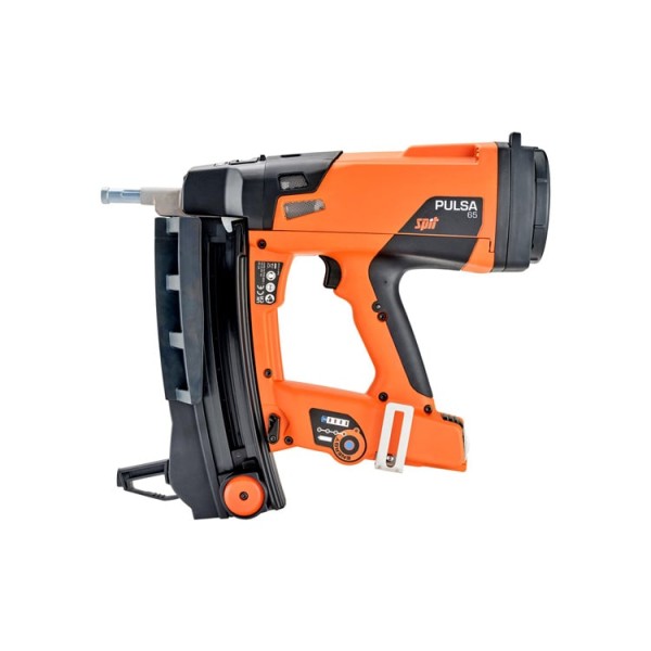 An orange and black cordless nail gun with a side magazine and labeled controls, shown against a plain white background.