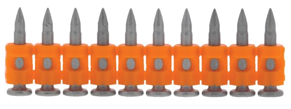 A row of ten metal fasteners with pointed tips, each held in place by orange plastic collars, arranged in a straight line side by side.