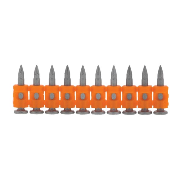 A row of ten gray metal nails held together by an orange plastic strip, with each nail evenly spaced and pointing upward.
