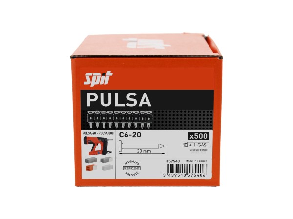 An orange and black Spit Pulsa C6-20 box containing 500 nails and 1 gas canister. The front shows product images, specifications, and a barcode.