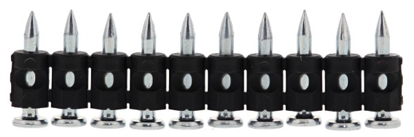 A row of ten metal fasteners with pointed tips and black plastic collars, aligned upright side by side on a white background.