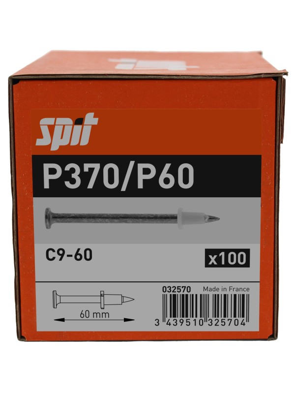 A red and orange box labeled Spit P370/P60 containing 100 C9-60 nails, each 60 mm long. The box shows an image and diagram of a nail, a barcode, and indicates it is made in France.