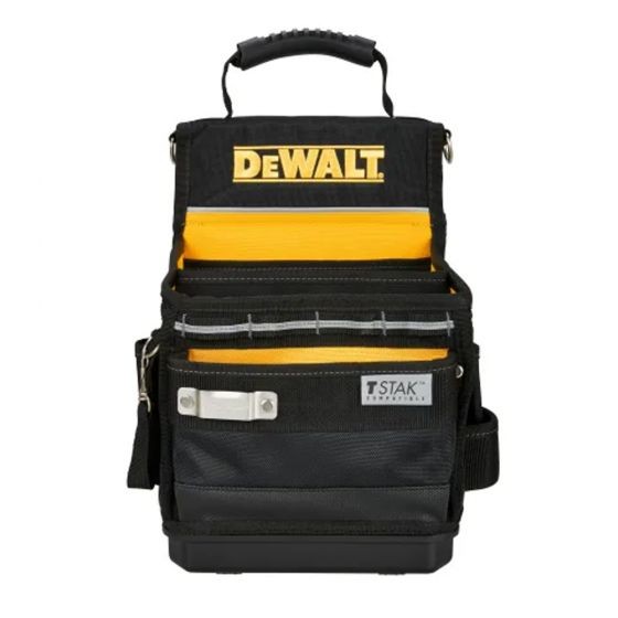A black and yellow DEWALT tool bag with multiple pockets and compartments, a handle on top, and a shoulder strap, designed for organizing and carrying tools.