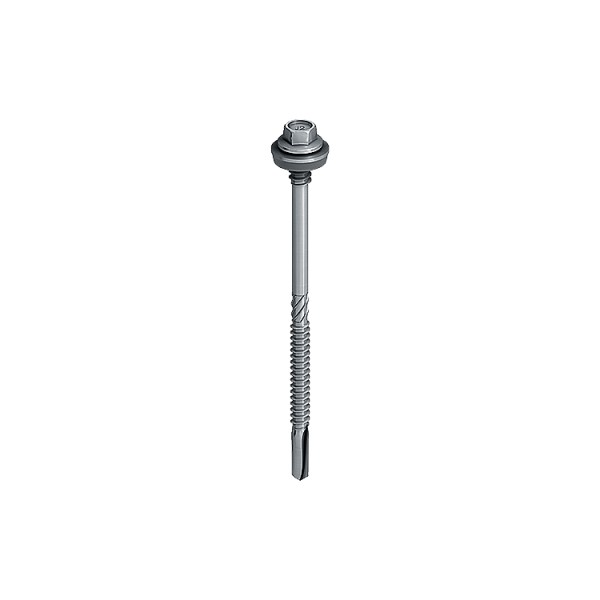 A single metal self-drilling screw with a hexagonal head, attached washer, and fluted drill tip, isolated on a white background.