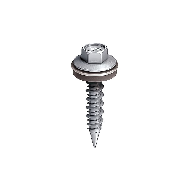 A steel self-drilling screw with a sharp drill-point tip and spiral threads along the shaft, suitable for fixing into steel framing.