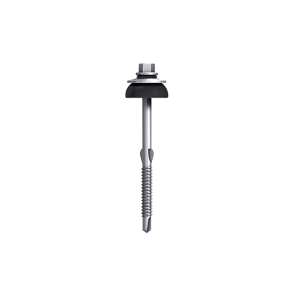 A steel self-drilling screw with a sharp drill-point tip and spiral threads along the shaft, suitable for fixing into steel framing.