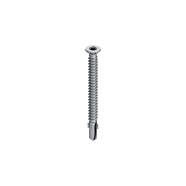 A single silver metal screw with a flat head and a drill bit tip, shown against a plain white background.