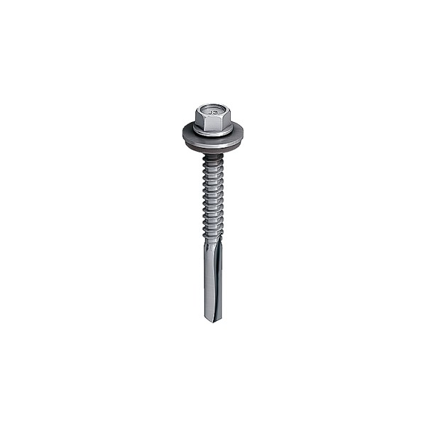 A steel self-drilling screw with a sharp drill-point tip and spiral threads along the shaft, suitable for fixing into steel framing.