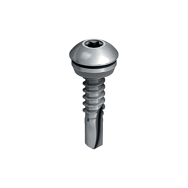 A close-up image of a metallic screw with a round head, a hex socket drive, and a partially threaded shaft featuring a self-drilling tip. The screw is isolated on a white background.
