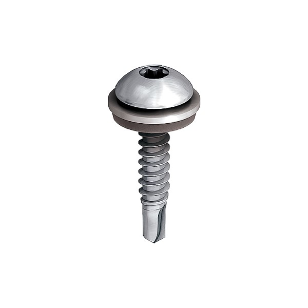 A close-up of a single metal screw with a round, shiny head and a star-shaped drive, featuring a washer and a threaded body with a drill-point tip, isolated on a white background.