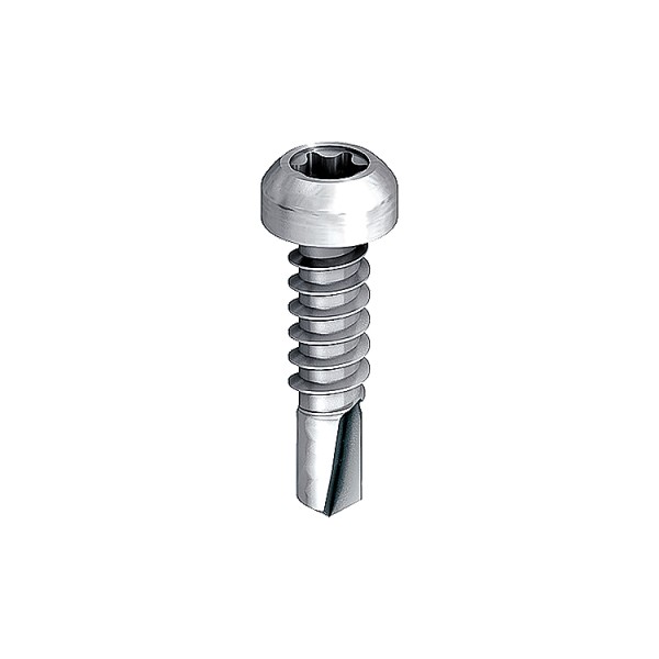 A stainless steel self-drilling screw with a sharp drill-point tip and spiral threads along the shaft, suitable for fixing into steel framing.