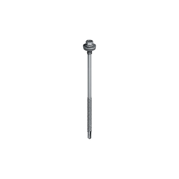 A steel self-drilling screw with a sharp drill-point tip and spiral threads along the shaft, suitable for fixing into steel framing.