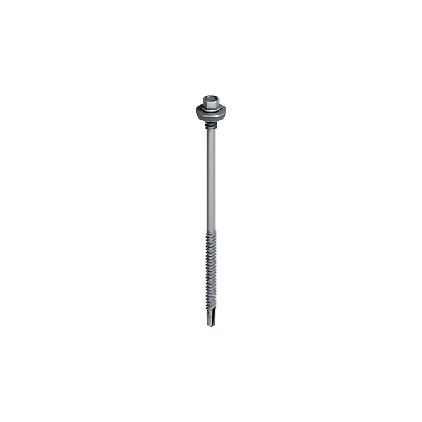A single silver self-drilling screw with a hexagonal head, washer, and partially threaded shank, isolated on a white background.