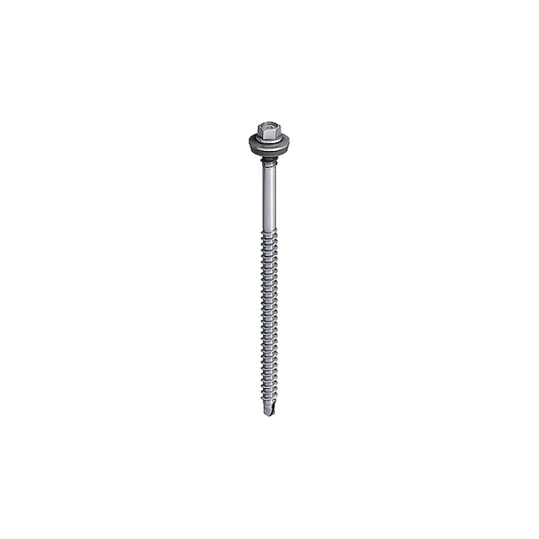 A single metal screw with a hexagonal head, washer, and pointed tip, designed for fastening materials such as metal or wood. The screw is silver and shown upright on a white background.