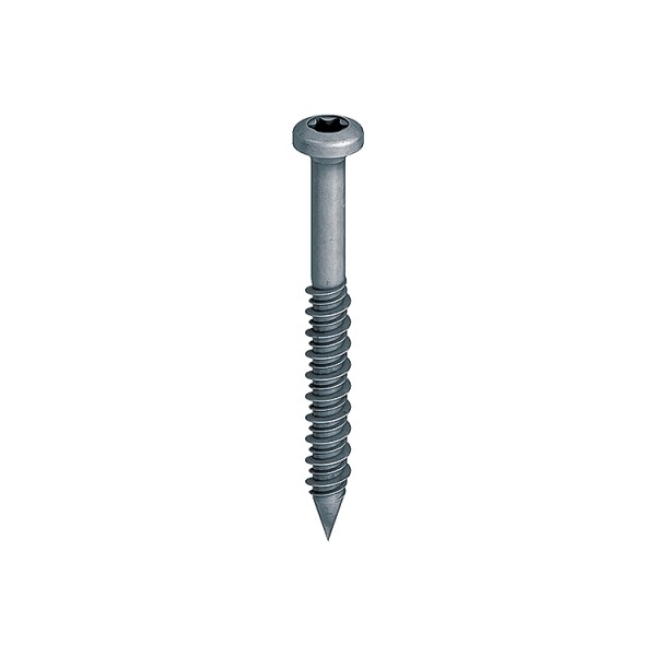 A metal concrete screw anchor with a partially threaded shaft and a drill point tip, designed for direct fixing into pre-drilled holes in concrete or masonry.