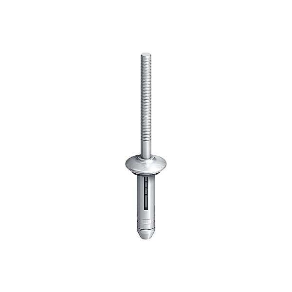 An aluminium dome-head blind rivet with a steel mandrel, used for joining sheet materials where access is only available from one side.