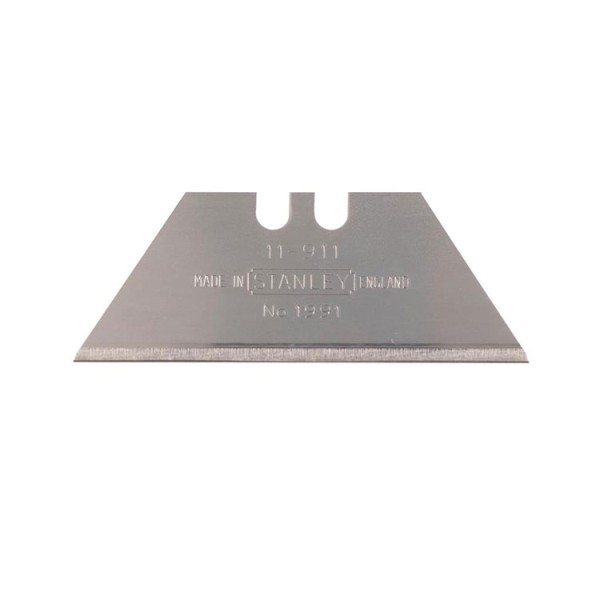 A single steel utility razor blade with a straight, sharp edge and two notches on top. The blade is marked with STANLEY and No. 1991.