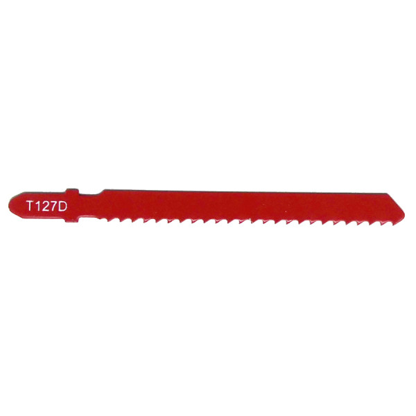 A red jigsaw blade with serrated teeth and a T-shaped shank, labeled T127D on the left side. The blade is designed for cutting materials.