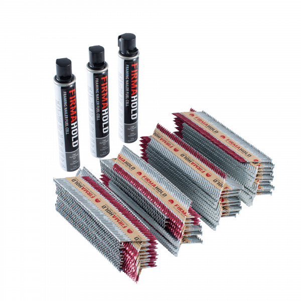 Three FirmaHold fuel cells and multiple strips of collated nails are arranged on a white background. The fuel cells are upright and the nail strips are stacked in front of them.,
