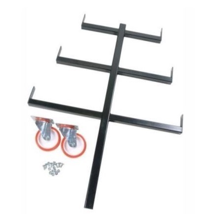 A steel metal shelving unit with adjustable shelf heights and a robust welded steel frame, for organised storage in workshops and site cabins.