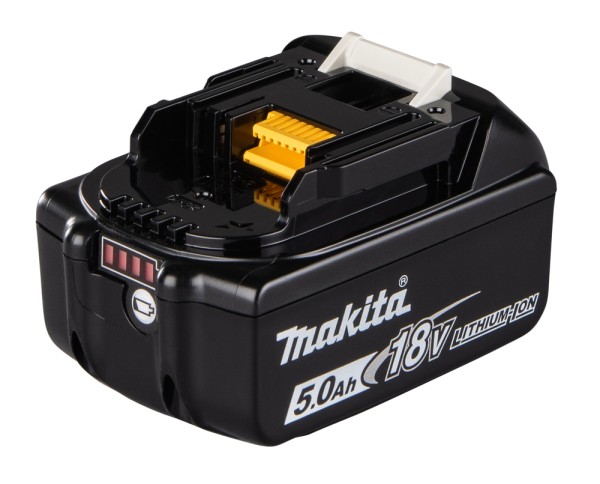 A black Makita 18V lithium-ion 5.0Ah rechargeable battery pack with a charge level indicator and yellow connector, designed for use with cordless power tools.