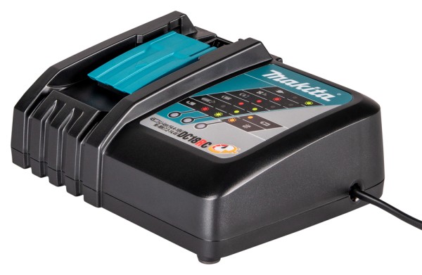 A teal and black Makita battery charger compatible with the 2Vslide-pack lithium-ion batteries, with charge indicator LEDs.