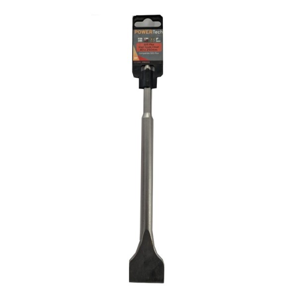A hardened steel SDS demolition chisel with a wide flat blade, designed for use with SDS rotary hammers to break out tiles, mortar, and concrete.