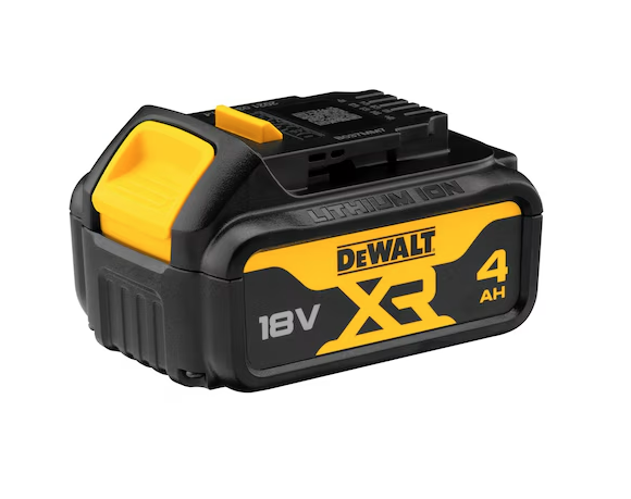 A yellow and black DEWALT 18V 4.0AH lithium-ion slide-pack battery, compatible with the DEWALT cordless tool range.
