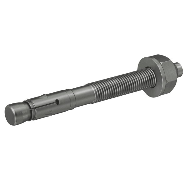 An A4 stainless steel M12 through bolt anchor with a hex nut and washer, featuring a threaded shaft and expansion sleeve, designed for securing heavy loads to concrete or masonry surfaces.