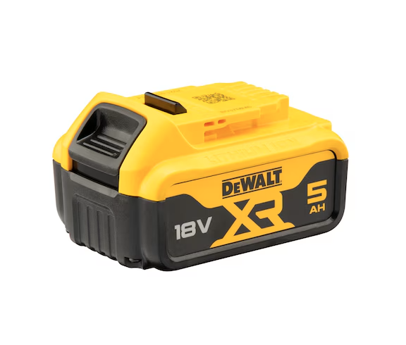 A yellow and black DEWALT 18V 5AH lithium-ion slide-pack battery, compatible with the DEWALT cordless tool range.