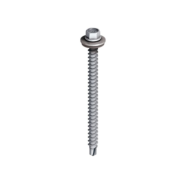 A steel self-drilling screw with a sharp drill-point tip and spiral threads along the shaft, suitable for fixing into steel framing.