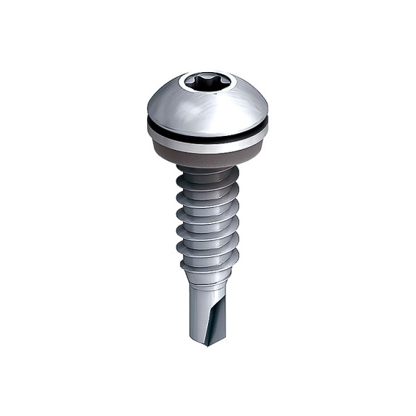 A steel self-drilling screw with a sharp drill-point tip and spiral threads along the shaft, suitable for fixing into steel framing.