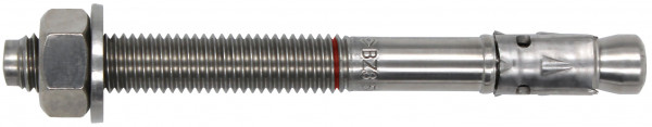 A metal anchor bolt with a threaded shaft, hexagonal nut, washer, and expansion sleeve, designed for securing objects to concrete or masonry surfaces.
