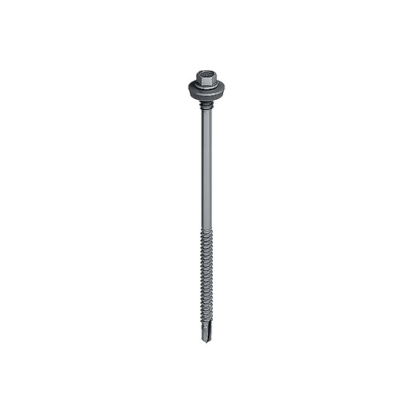 A gray metal hex head screw with a washer and self-drilling tip, shown on a white background. The lower part of the screw is threaded.
