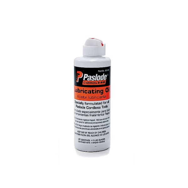 A bottle of Paslode Cordless Lubricating Oil with a white cap and label, designed for maintaining cordless tools. The label includes product details in English and Spanish.