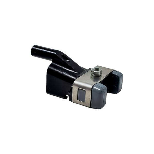 A black and silver metal hitch lock with grey rubber end covers, a metal bracket, and a bolt on top, isolated on a white background.